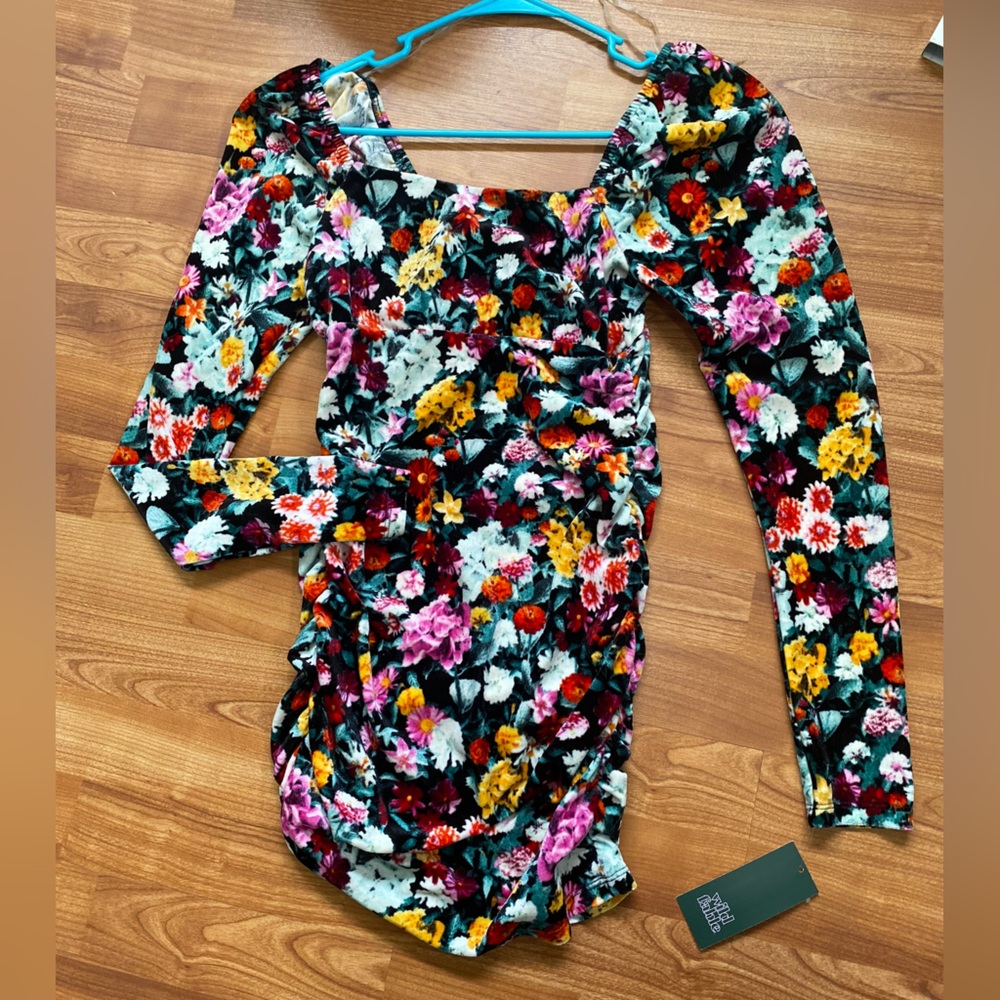 Size XS. Long Sleeve Velvet Dress. Ruched Sides. Floral Print. BRAND NEW.
